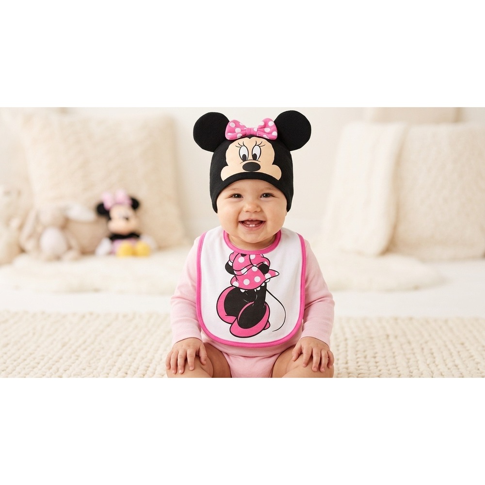 Disney Minnie Mouse Baby Bib and Hat Set Black Pink White New